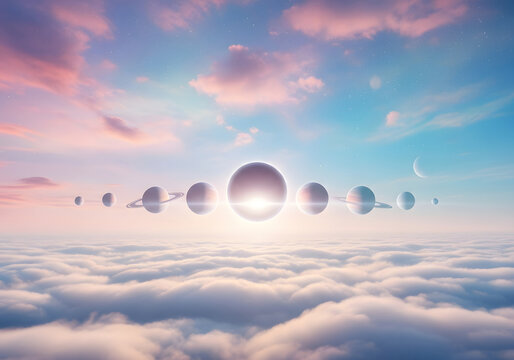 Planets in a ringed system above fluffy clouds with a sunrise/sunset sky - Powered by Adobe