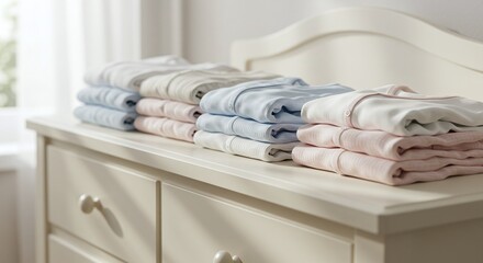 Stacks of folded baby clothes on a dresser, representing new clothes for newborn babies in various colors and sizes for family home
