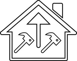 House outline with arrow pointing up and two hammers inside home building