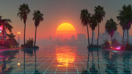 Retro sunset over city reflected in pool
