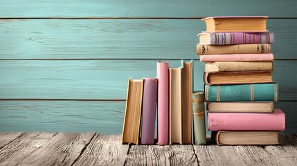 Stacked books of various colors on a wooden surface.
