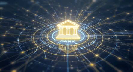 Futuristic Digital Bank Icon with Interconnected Network