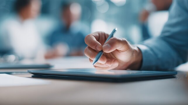 Medium shot of a person analyzing AIwritten marketing content on a tablet the edits and brand tone alerts crisp and clear with the environment and other team members blurred.