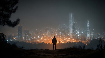 Silhouetted figure gazes at a city at night, network lines overlay