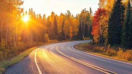 Fototapeta premium Autumnal Road Trip: Golden Hour on a Winding Road