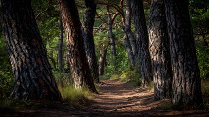Fototapeta premium Sunlit path winding through a dense pine forest.