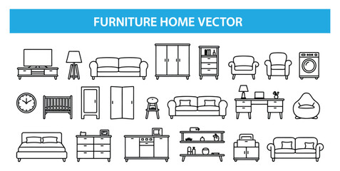 Vector art of furniture home vector isolated on white background showcasing a diverse range of home furnishings, ideal for interior designers and home decor enthusiasts