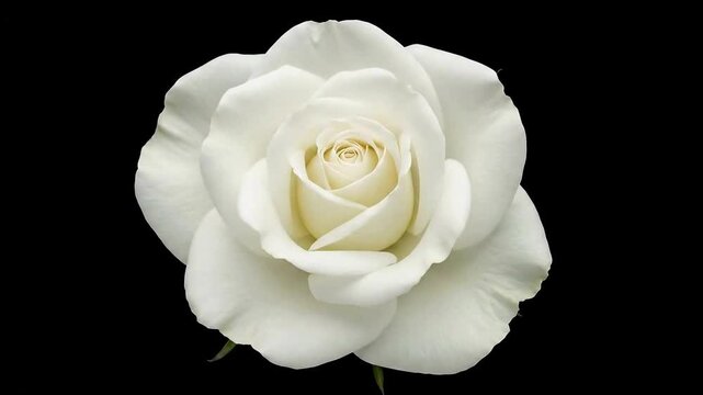 Top view, timelapse of opening white rose on black background	