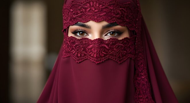Intriguing Gaze: Close-up of a woman's eyes partially veiled in a burgundy niqab with ornate lace, hinting at both mystery and beauty. 