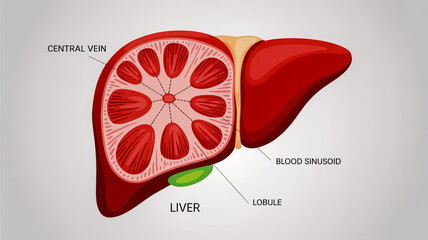 Anatomical illustration of a cross-section of a hepatic lobule showing central vein and blood sinusoids within the liver