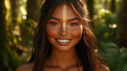 Smiling Young Woman with Natural Makeup in Forest Setting