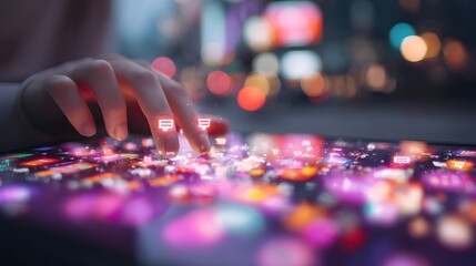 Close-up of a hand interacting with a glowing touchscreen interface.