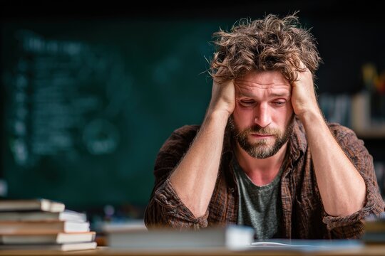 Overworked and frustrated teacher holding his head, sitting at his desk at school, in front of a blackboard - Powered by Adobe