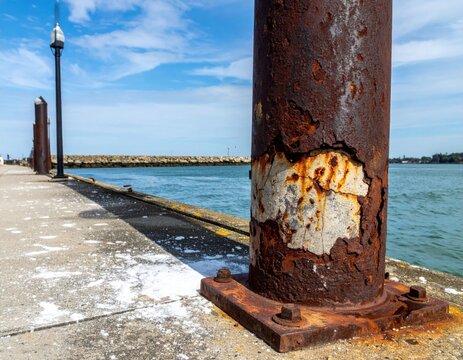 Rusty Metal Pillar on a Concrete Pier with Ocean View Under Blue Sky