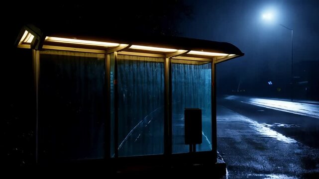 A quiet and deserted bus stop illuminated by a single flickering streetlight, with the empty bus shelter standing in the middle of a dark, rainy street.
