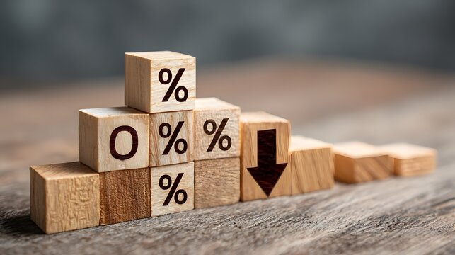 Wooden blocks depict a decreasing percentage trend. Symbolizing falling rates, reduced costs, or economic downturn on a wood surface.