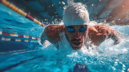 Focused swimmer in action, gliding through the pool with precision and power, showcasing dedication and athleticism during a training session.
