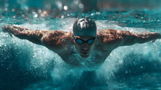Underwater action shot of a swimmer performing the butterfly stroke with powerful arms and a focused gaze, amidst splashing water.