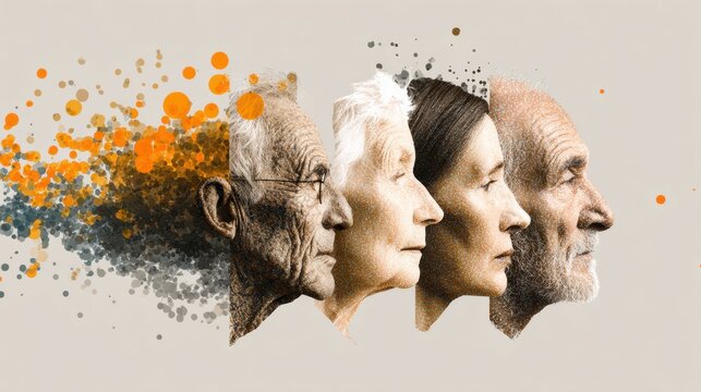 Aging Timeline Concept Explores the Transition of Human Faces From Youth to Old Age With a Morphing Effect and Colorful Data Dots