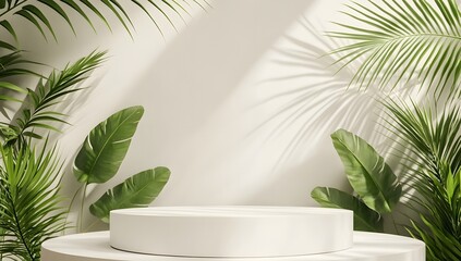 Fototapeta premium A white podium platform sits in front of tropical green palm leaves on a light pastel background in this clean, stylish 3D render for product presentation.