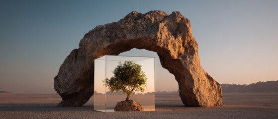 Fototapeta premium Encased Oasis: A Lone Tree's Resilience in the Desert