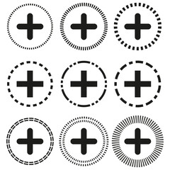 Obraz premium Plus sign icons. Circular dotted patterns. Medical Vector symbols. Modern interface elements.