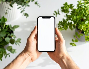Hands Holding Smartphone with Blank White Screen. Minimalist Mockup for App, Website, & Digital Content Display