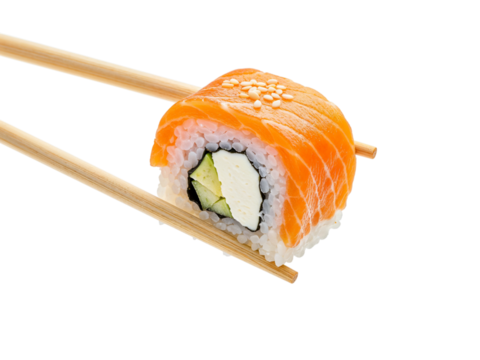 Delicious salmon sushi roll with cucumber and cream cheese held by chopsticks isolated on transparent background