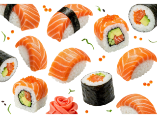 Assortment of delicious salmon sushi and rolls with avocado and ginger on a dark background isolated on transparent background