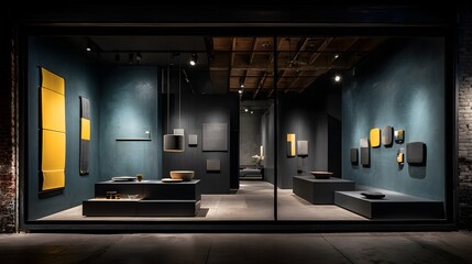 Interior display of contemporary art in a gallery at night.