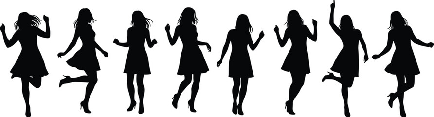 Silhouette of dancing woman in expressive poses, creative movement design, black and white abstract art cad drawing flat vector illustration