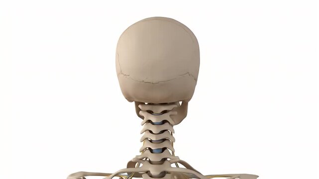 Human Anatomy: 3D Model of the Skull and Cervical Spine Posterior View, Detailed Rendering of Bones and Nerves.