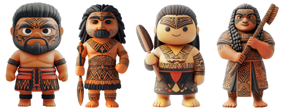 3D Set of Cute Cartoon Maori Warrior Character with Spear