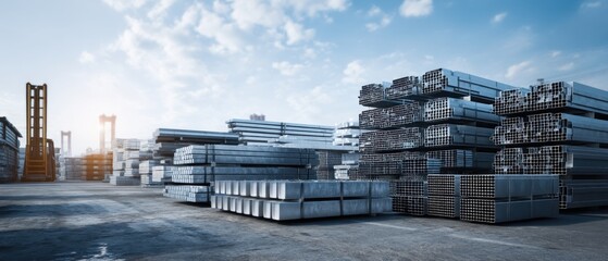Fototapeta premium Steel Beams Stockyard: Industrial Metal Storage