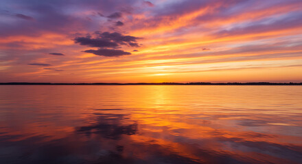 Fototapeta premium Breathtaking vibrant sunset over serene water, reflecting a colorful sky with golden and fiery clouds.