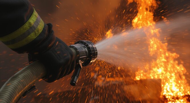 Fighting a fire with a water hose nozzle