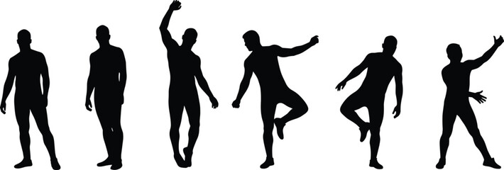 Silhouette vector of six male figures, expressive standing and dancing poses, black flat design, cad drawing for creative artwork