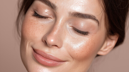 Obraz premium Glowing skin with gentle lighting highlights natural freckles and smooth texture on peaceful face with closed eyes and soft smile, showcasing healthy and clean beauty