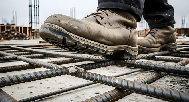 Construction worker in a safety boot walking on a reinforced steel rebar grid for a concrete foundation at a building site
