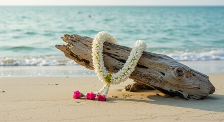 sampaguita | A beautiful floral garland rests on a weathered log on a serene beach, with gentle waves lapping at the shore and a clear sky in the background, perfect for celebrations