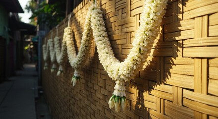 sampaguita | Beautifully arranged garlands of white flowers hang gracefully on a woven bamboo wall, creating a serene ambiance in a vibrant outdoor setting