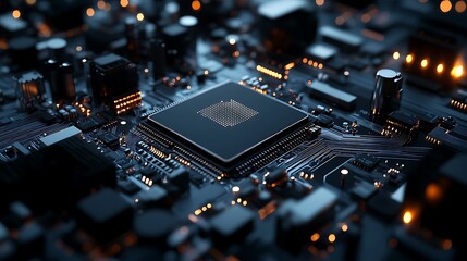 Computer Chip on Motherboard Close-up with Light Trails