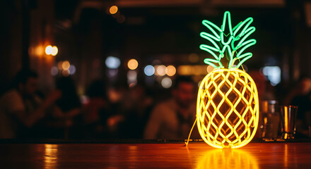 Vibrant pineapple neon sign illuminating a wooden bar counter with a bokeh background at night.