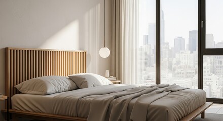 Fototapeta premium Modern bedroom with slatted wooden headboard and city skyline view.