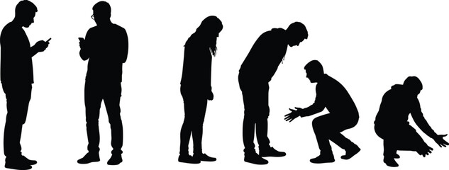 Silhouettes of people using smartphones, bending, crouching, reaching, modern posture behaviors, black and white cad drawing flat vector illustration
