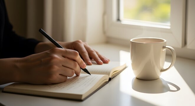 Writing in notebook with coffee mug by window creative writing journaling morning routine inspiration ideas