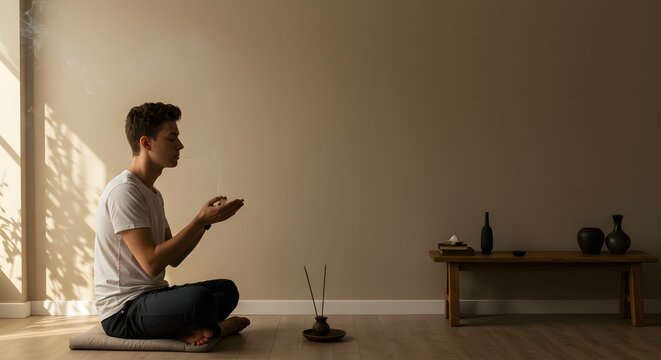 Meditation wellness mindfulness zen calm wellbeing spiritual practice stress relief relaxation home interior scene