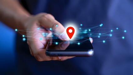 Hand Holding Smartphone with Glowing Red Location Pin and Network Connections Overlay – Illustrating GPS Navigation, Geo-location Technology, Digital Mapping