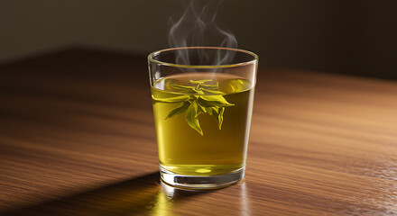 Aromatic green tea steeping in a clear glass with visible steam on a wooden surface.
