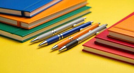 Fototapeta premium Colorful Stack of Notebooks with Pens on Bright Yellow Background